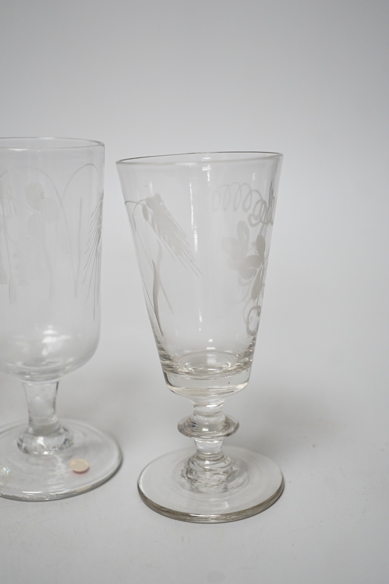 Six Georgian ale glasses, four with wheel engraved bowls. Tallest 15cm